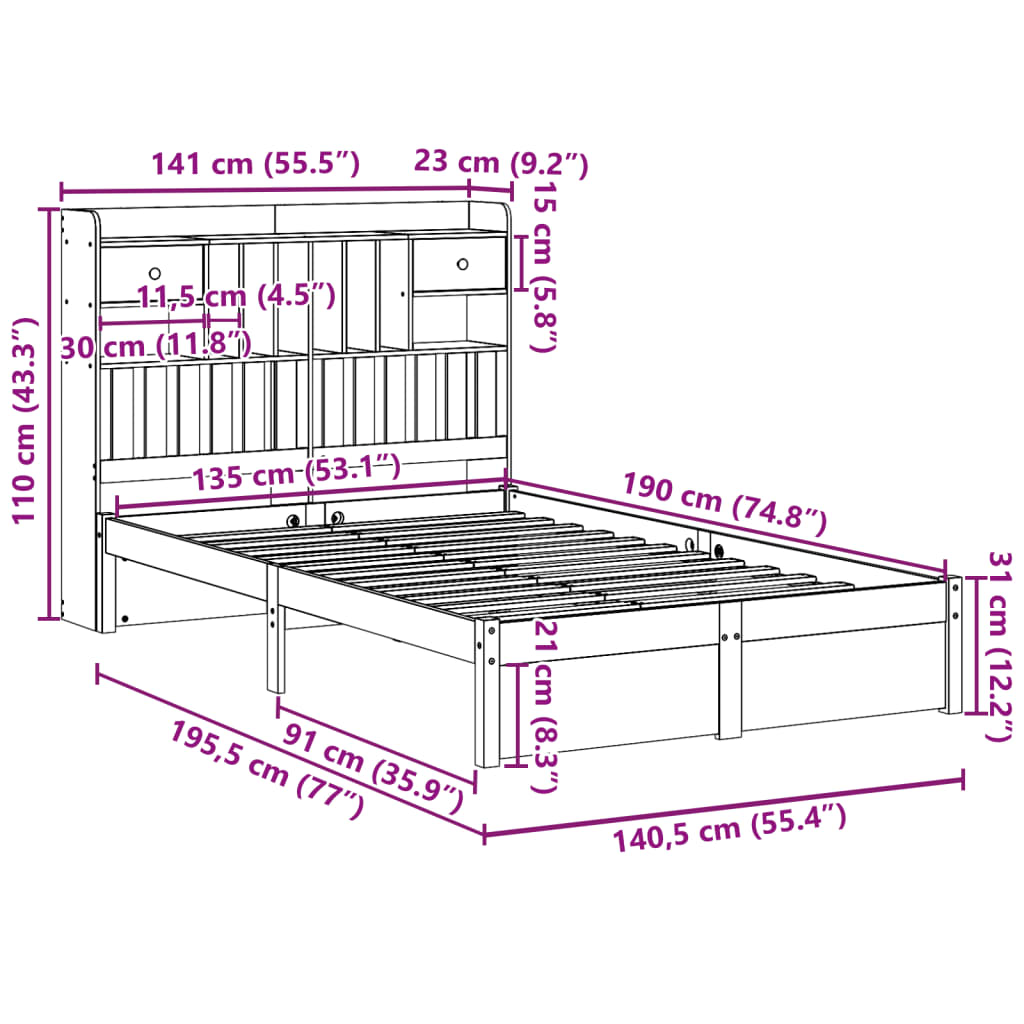 Letto Libreria senza Materasso 135x190 cm in Legno di Pino