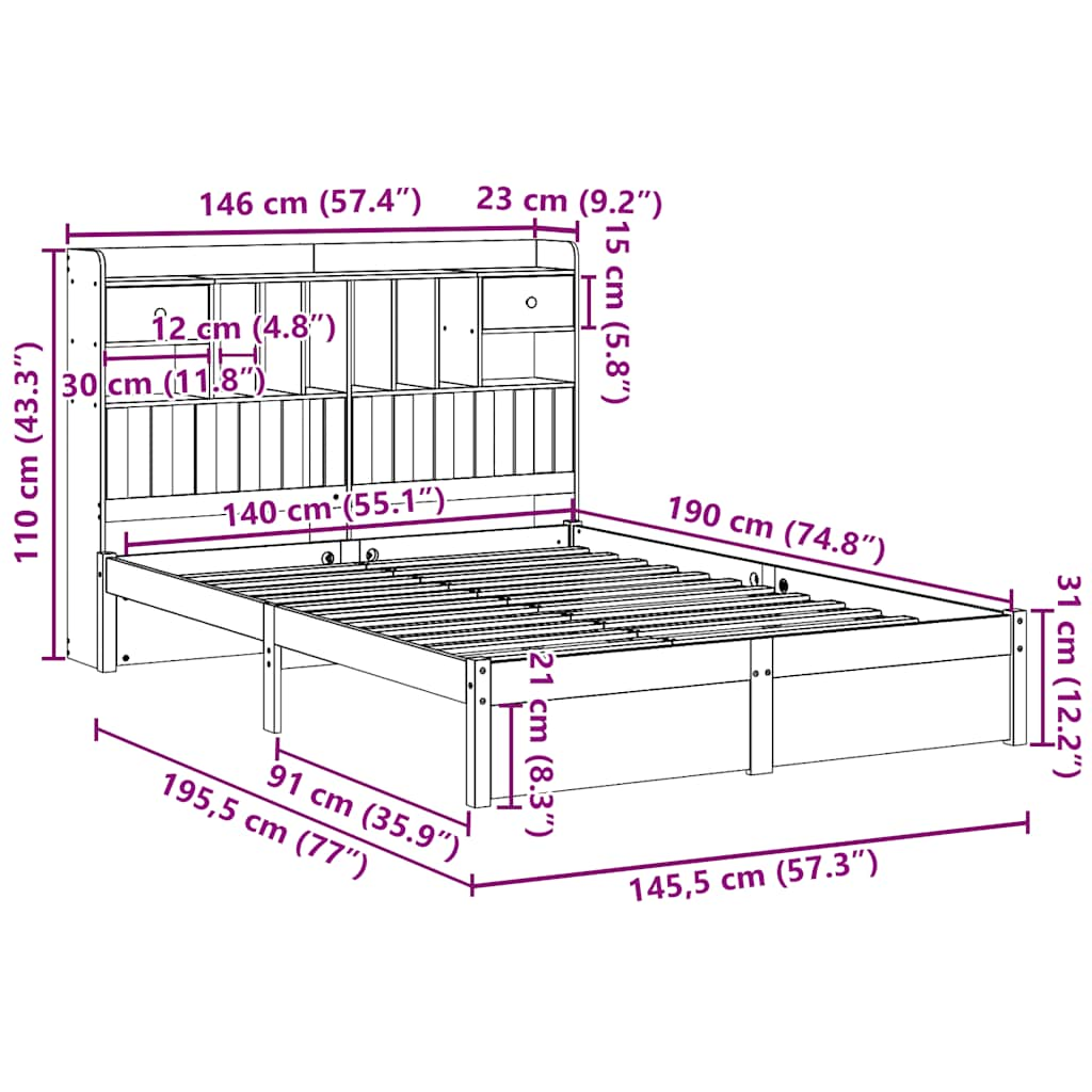 Letto Libreria senza Materasso 140x190 cm in Legno di Pino