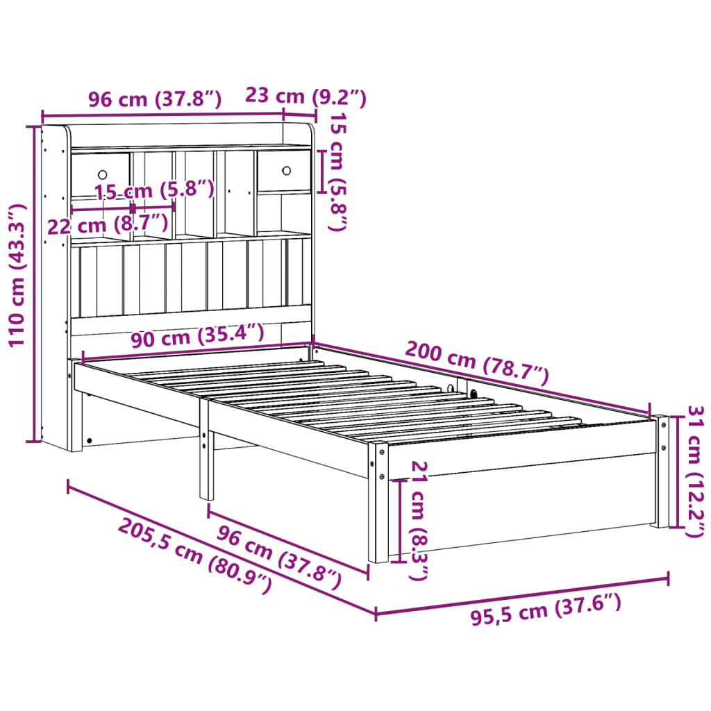 Letto Libreria senza Materasso 90x200 cm Legno Massello Pino