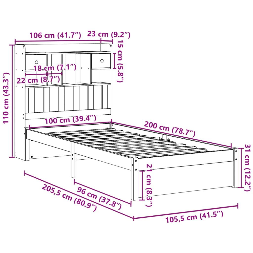 Letto Libreria senza Materasso 100x200 cm in Legno di Pino