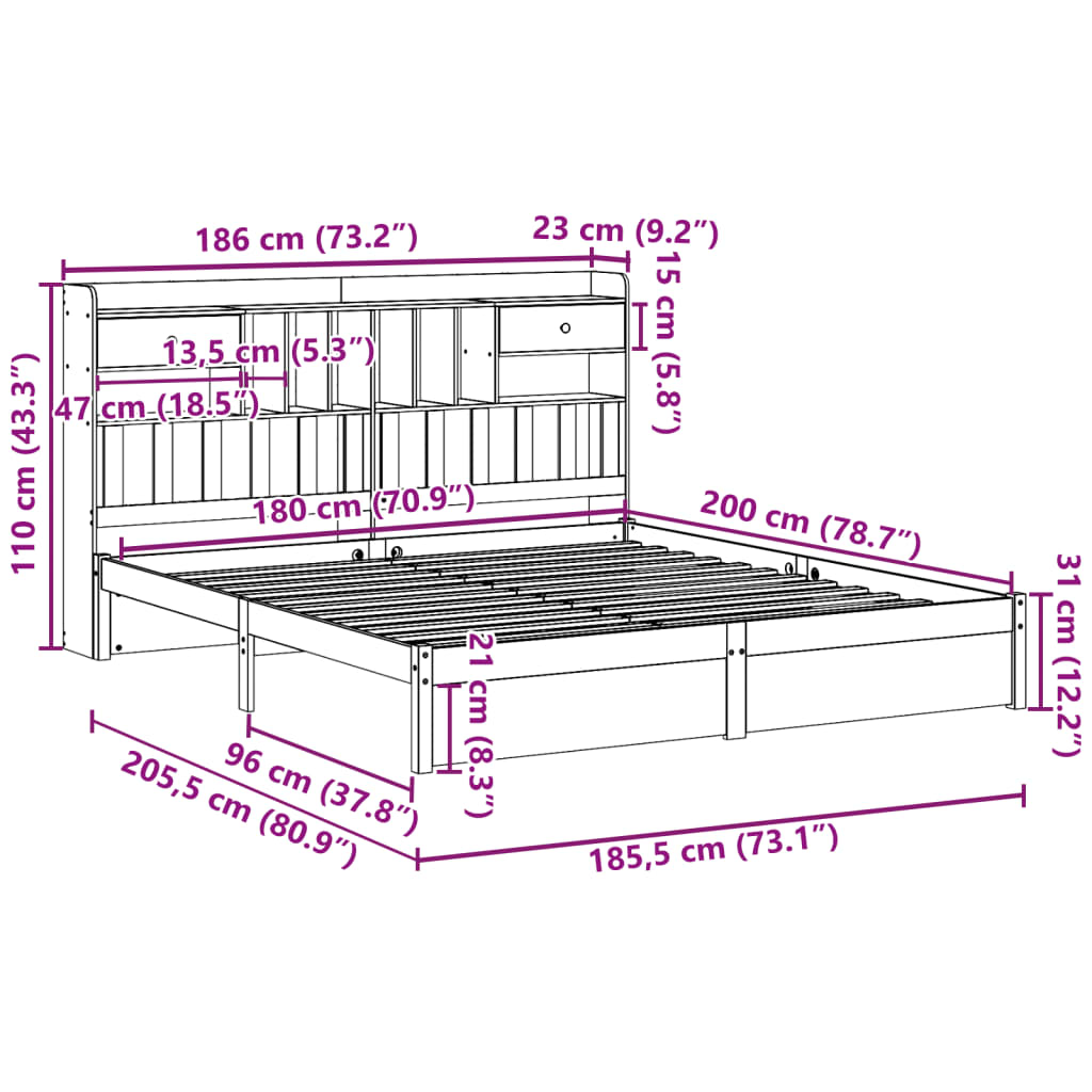 Letto Libreria senza Materasso 180x200 cm in Legno di Pino