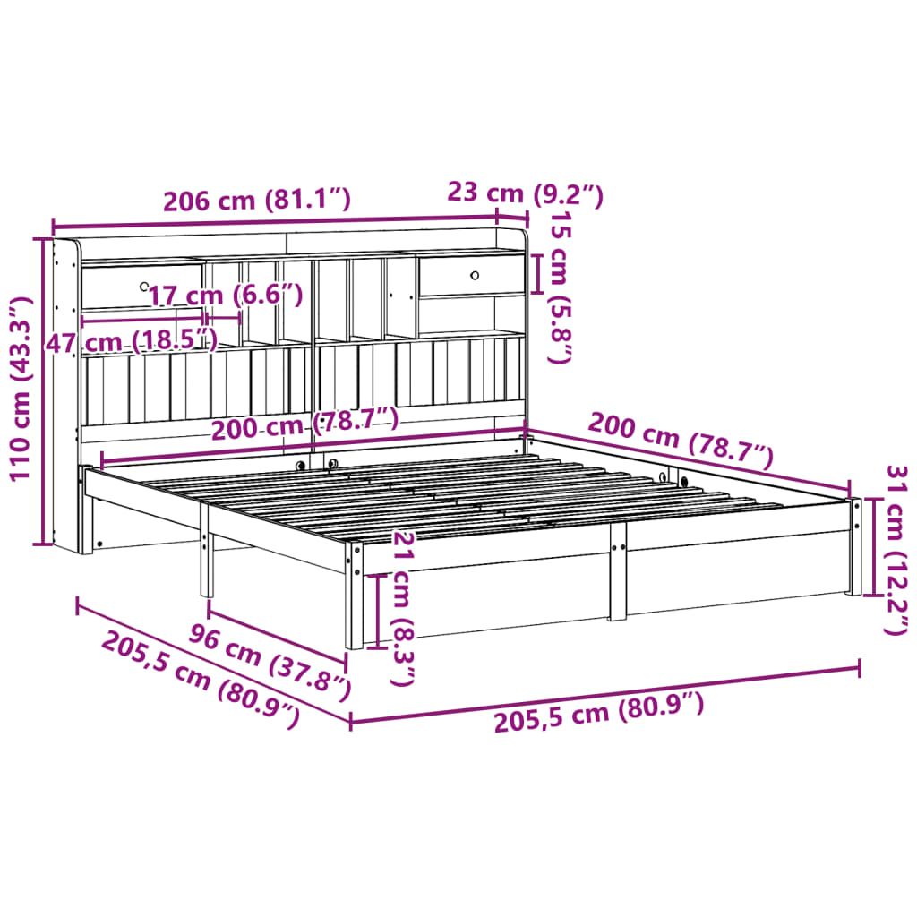 Letto Libreria senza Materasso 200x200 cm in Legno di Pino