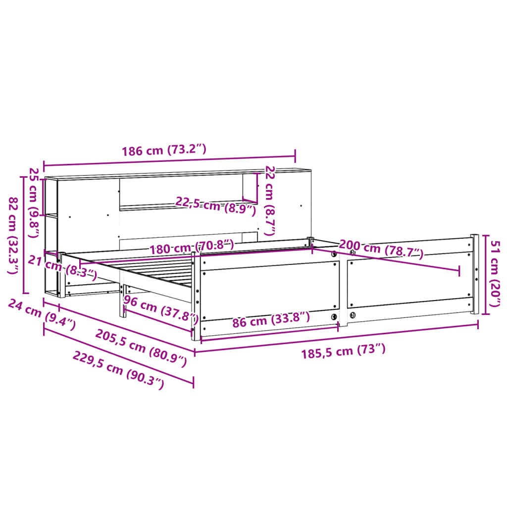 Letto Libreria senza Materasso 180x200 cm in Legno di Pino - homemem39