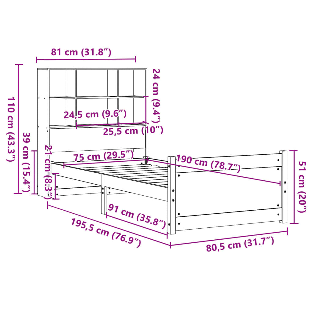 Giroletto con Libreria senza Materasso 75x190 cm in Legno Pino