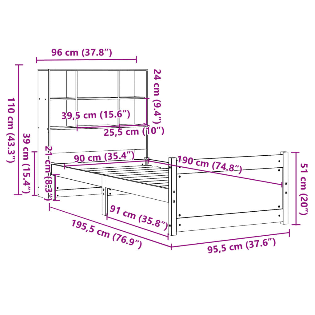 Letto Libreria senza Materasso 90x190 cm Legno Massello Pino