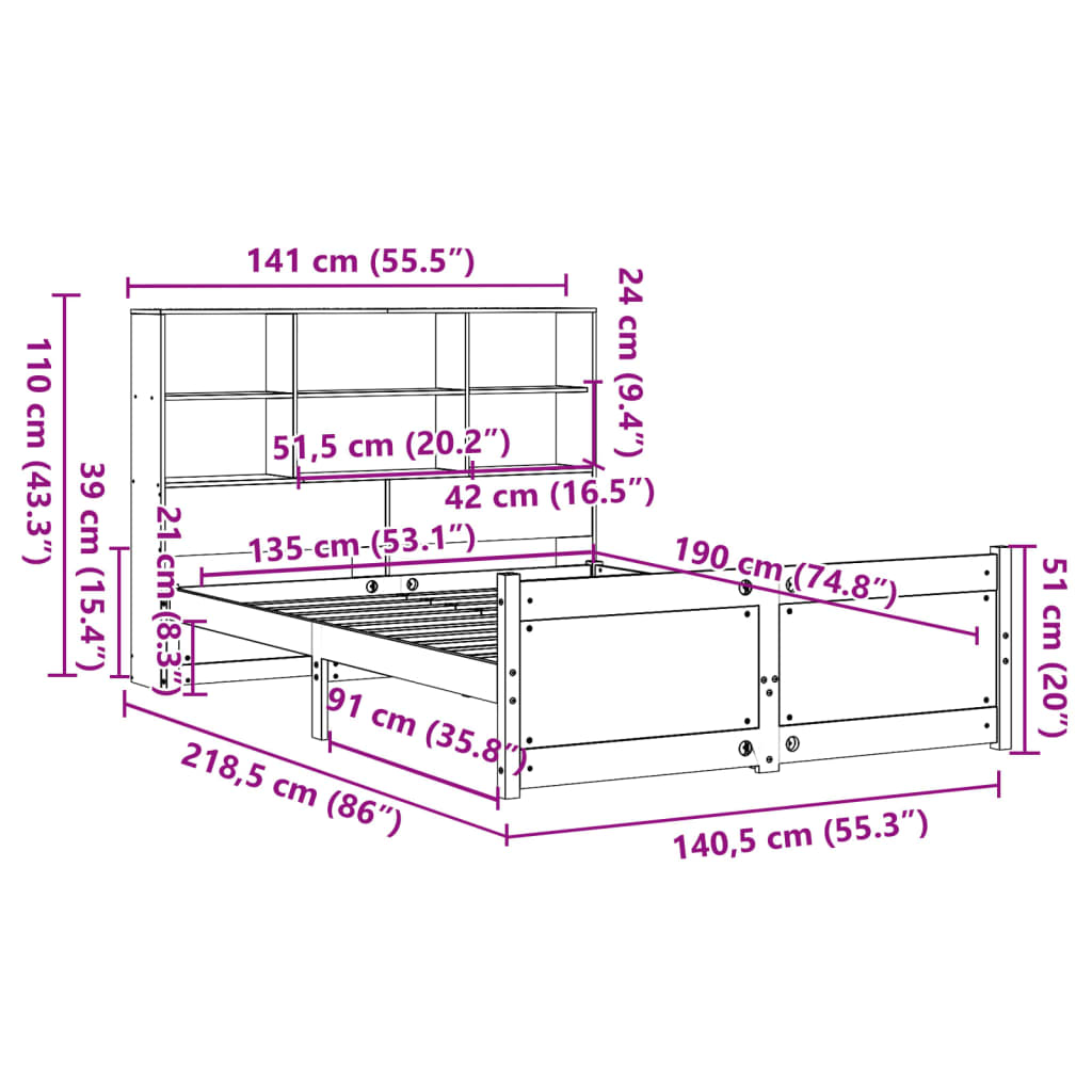 Letto Libreria senza Materasso Bianco 135x190 cm Legno di Pino