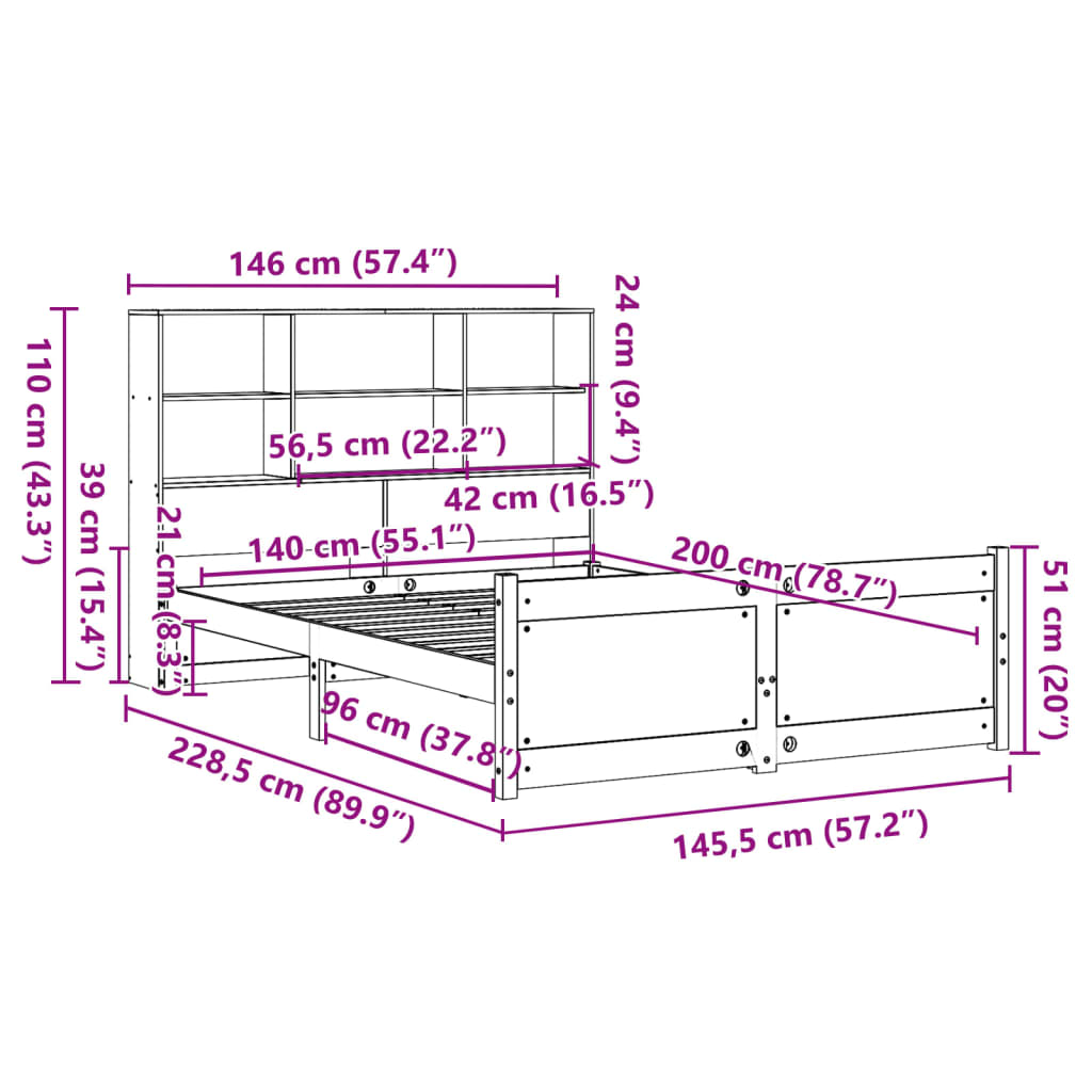 Letto Libreria senza Materasso 140x200 cm in Legno di Pino