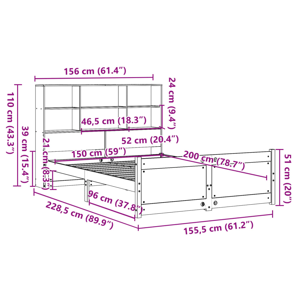 Letto Libreria senza Materasso 150x200 cm in Legno di Pino