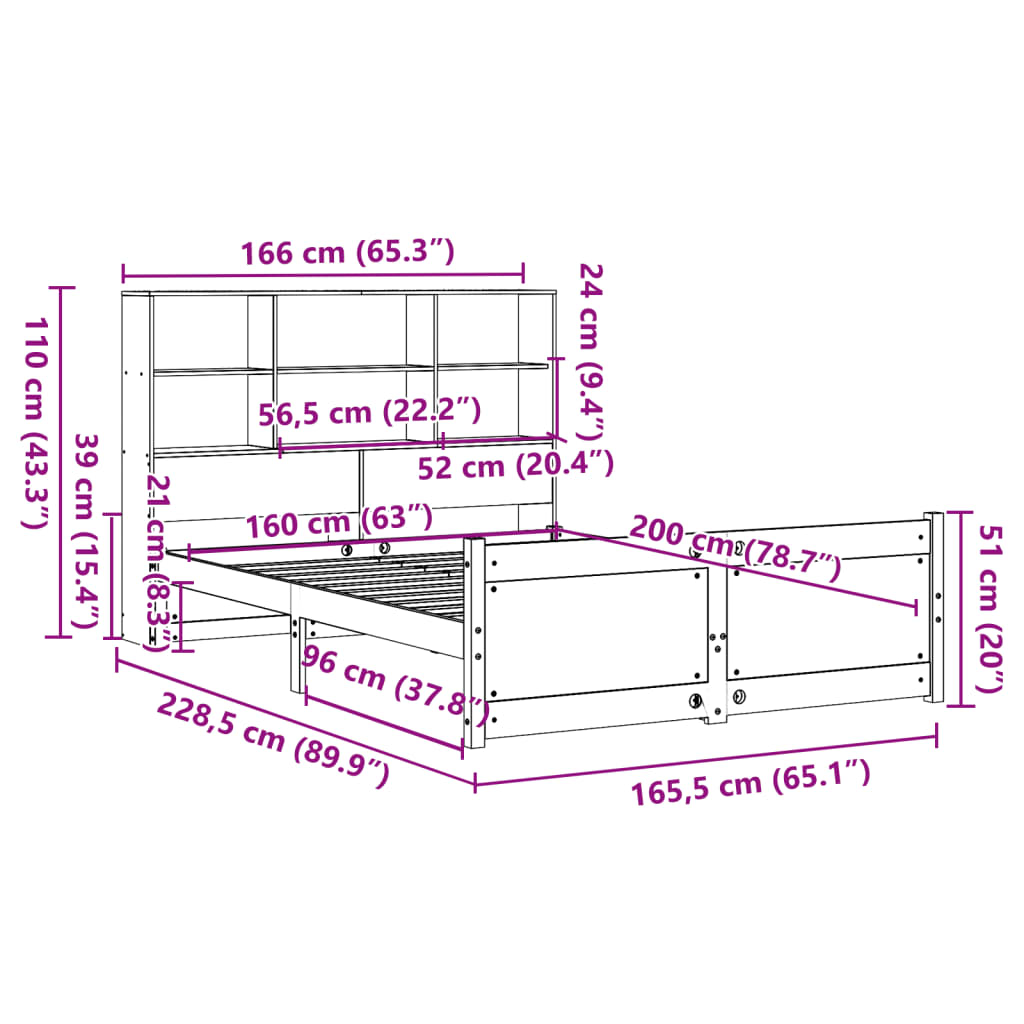 Letto Libreria senza Materasso Bianco 160x200 cm Legno di Pino