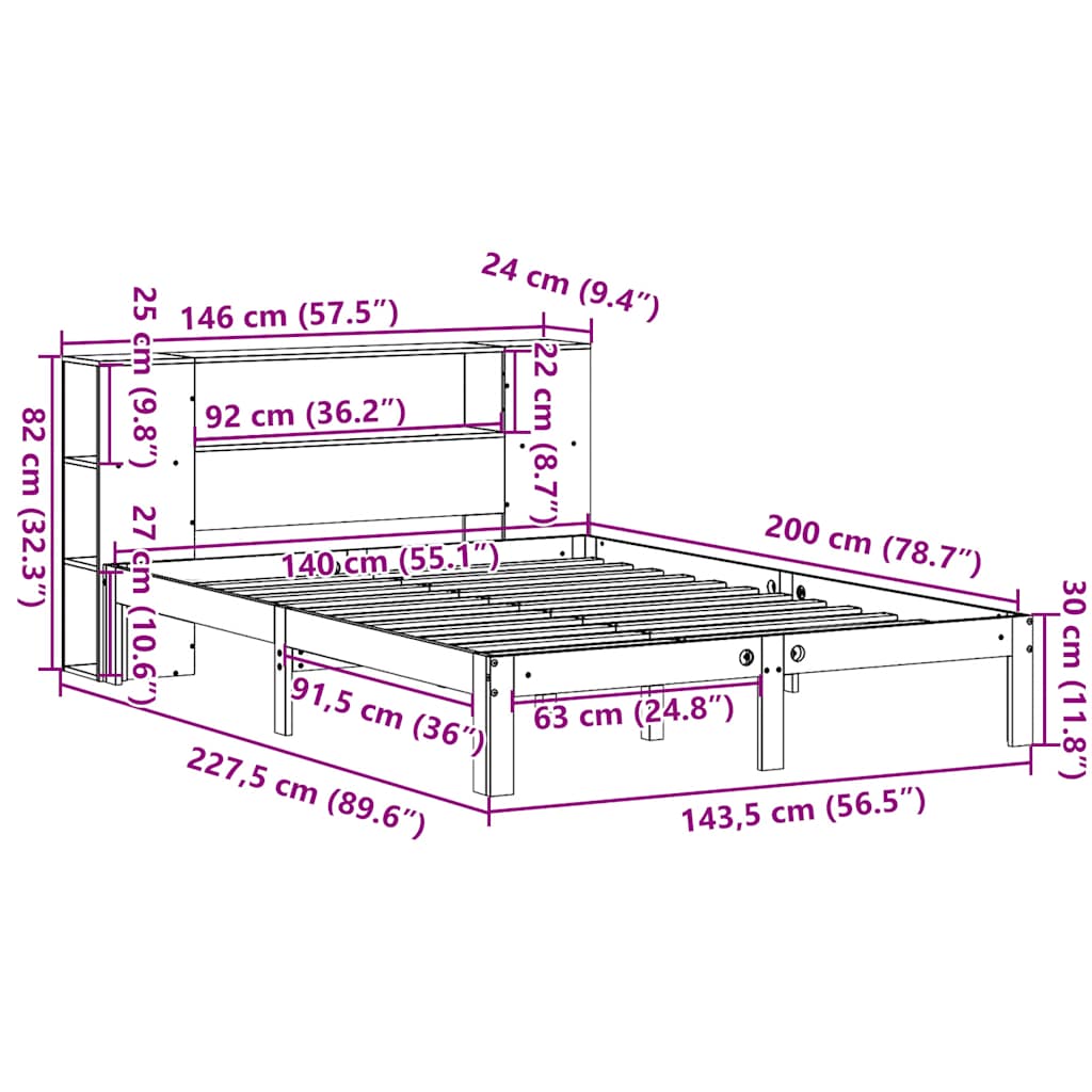 Letto Libreria senza Materasso Bianco 140x200 cm Legno di Pino - homemem39