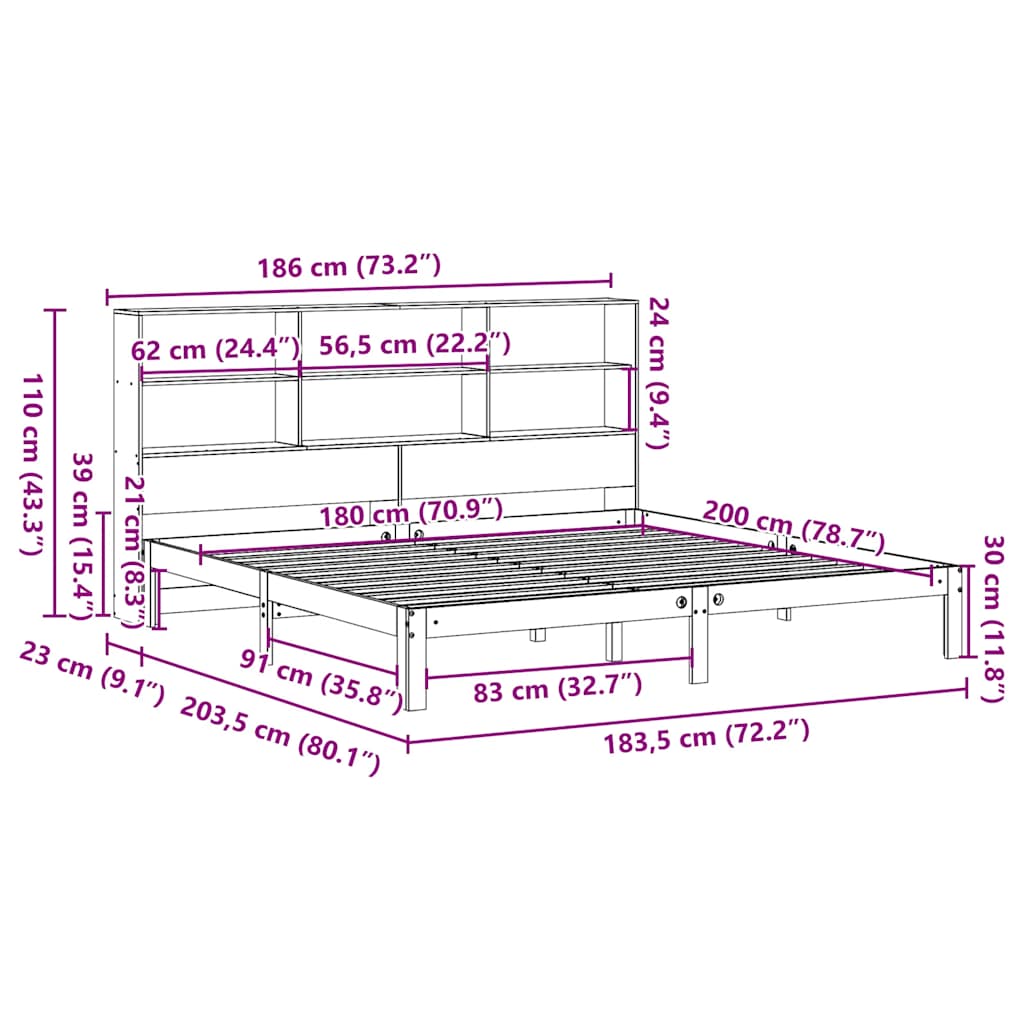 Letto Libreria senza Materasso Marrone Cera 180x200 cm in Pino