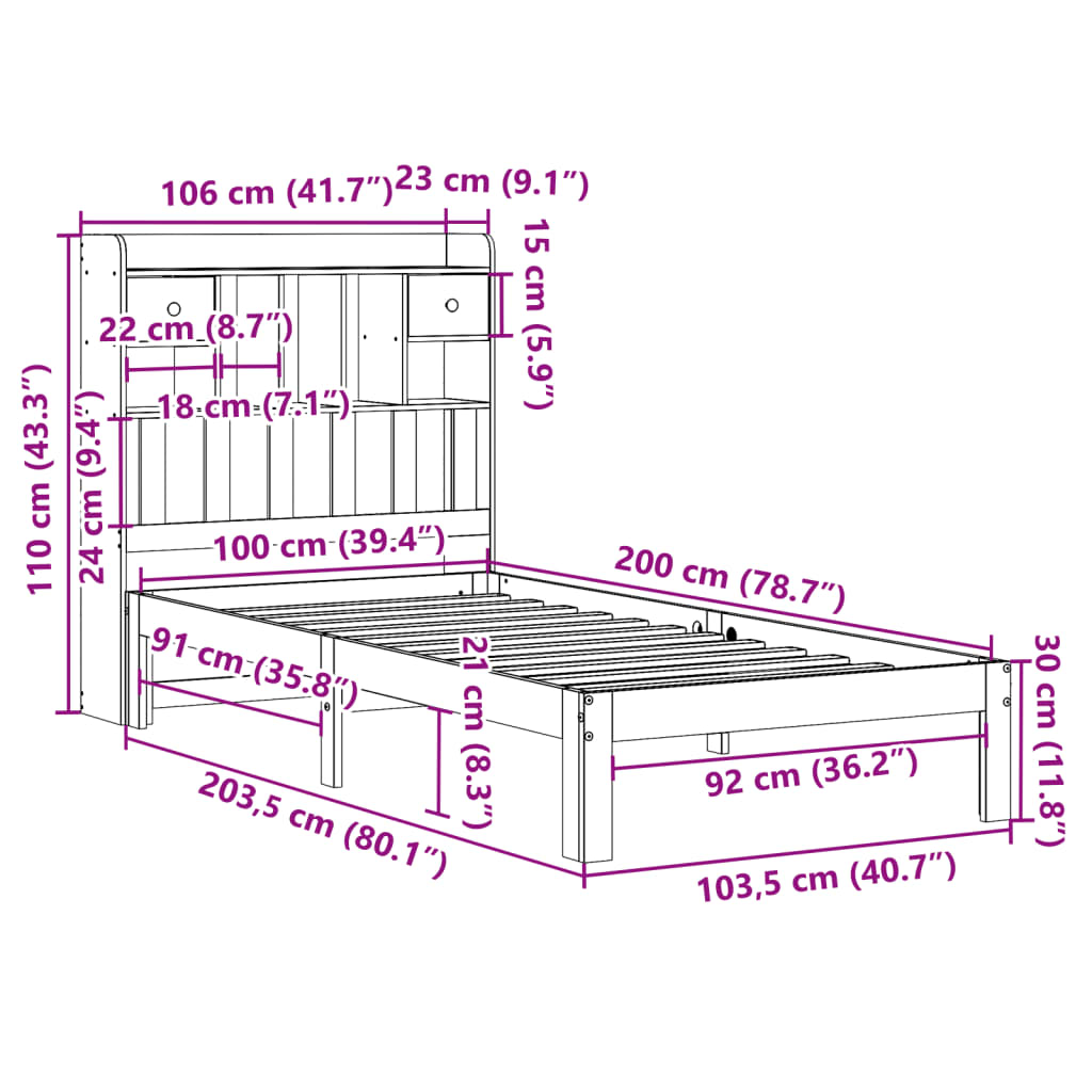Letto Libreria senza Materasso 100x200 cm in Legno di Pino | homemem39