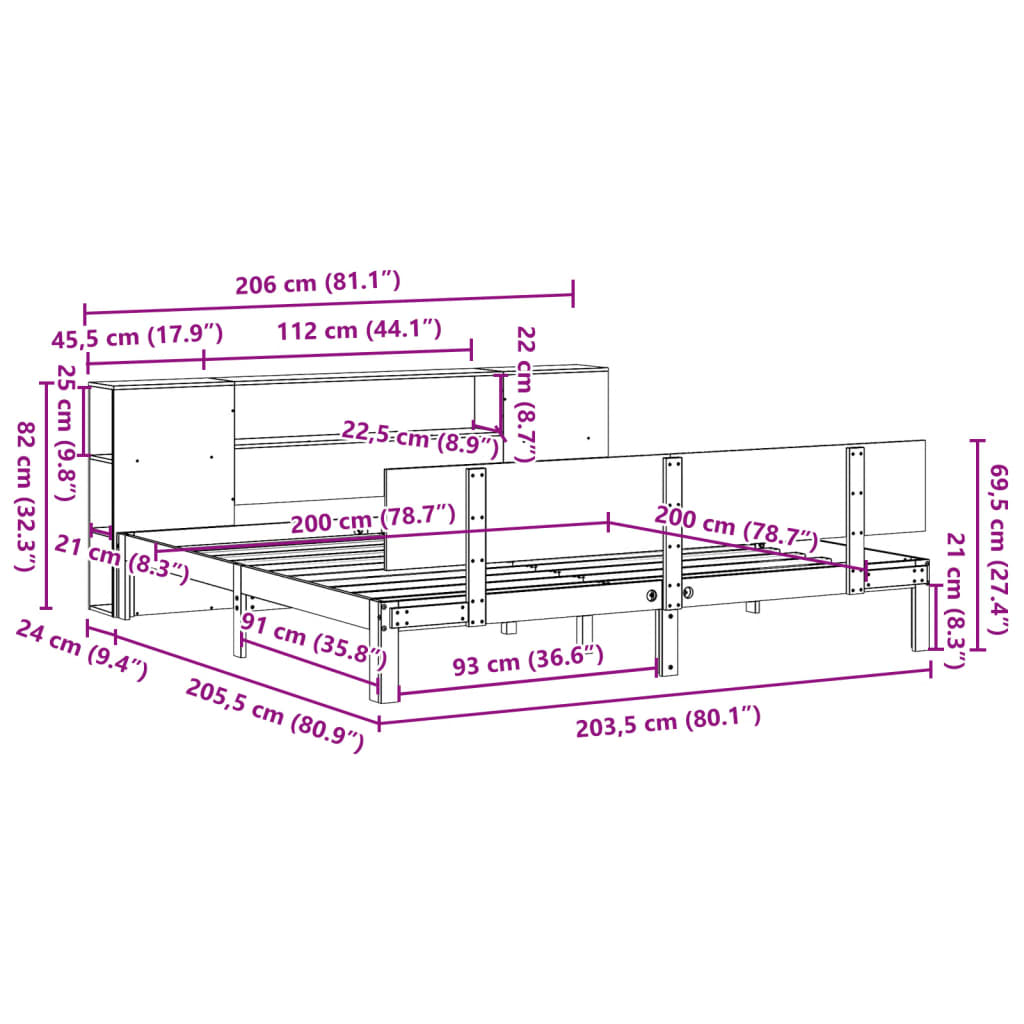 Letto Libreria senza Materasso Bianco 200x200 cm Legno di Pino