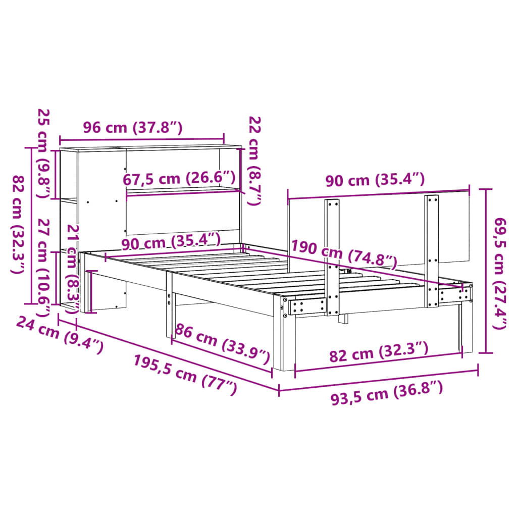 Letto Libreria senza Materasso 90x190 cm Legno Massello Pino - homemem39