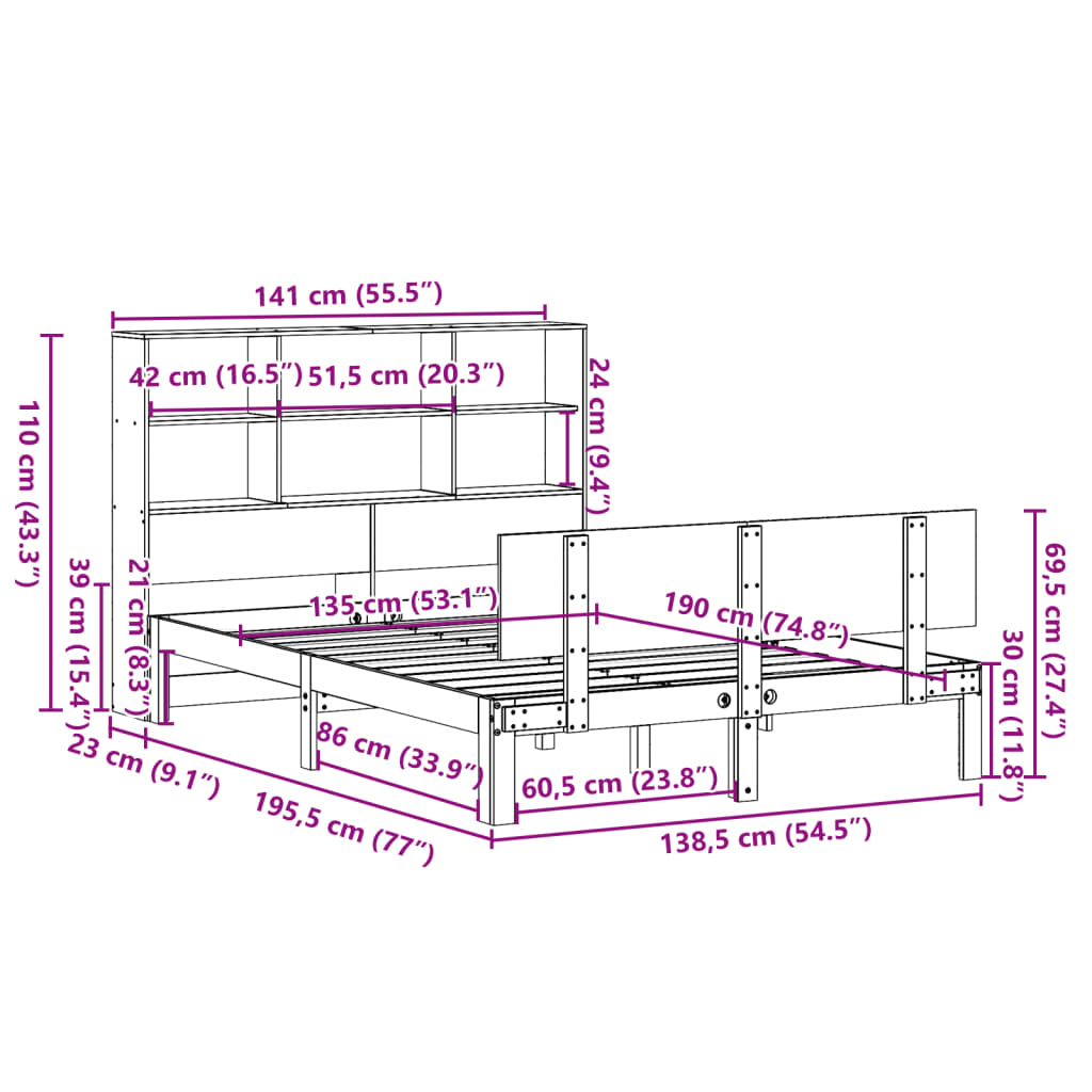 Letto Libreria senza Materasso 135x190 cm in Legno di Pino