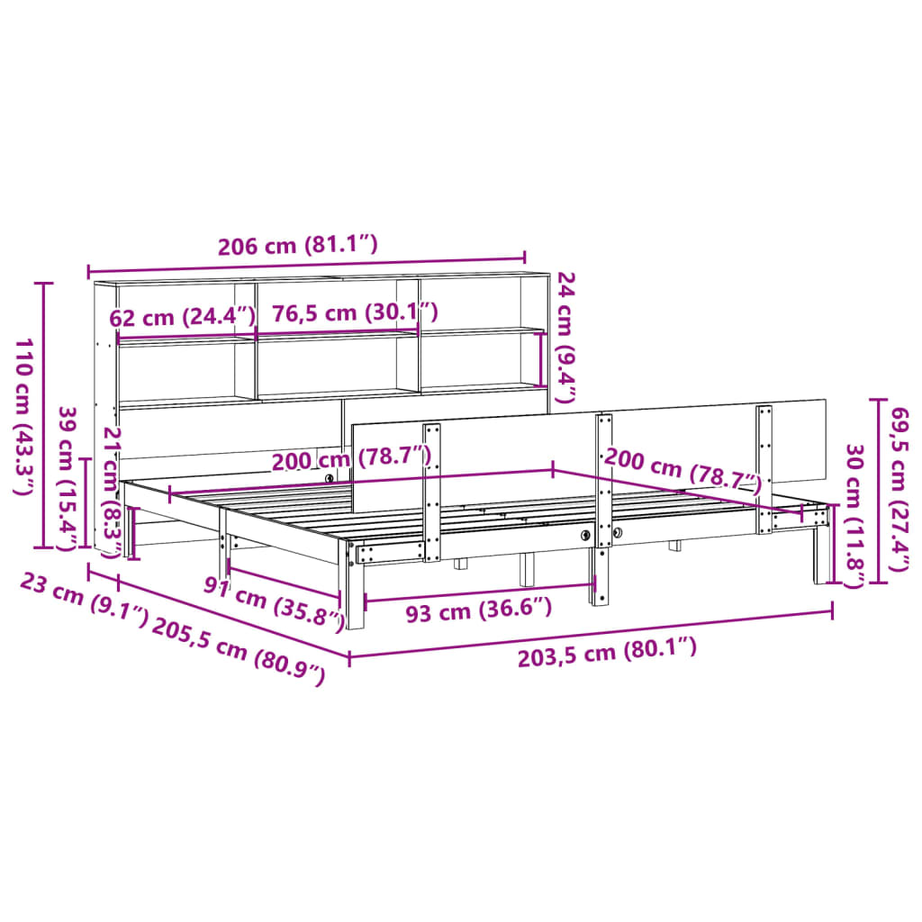 Letto Libreria senza Materasso Bianco 200x200 cm Legno di Pino