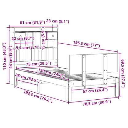 Letto con Libreria senza Materasso 75x190 cm in Legno Pino