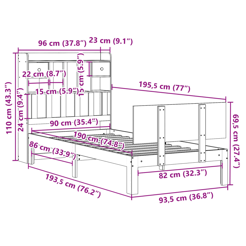 Letto Libreria senza Materasso 90x190 cm Legno Massello Pino