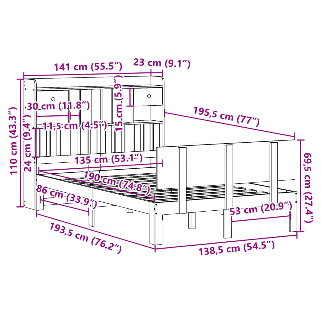 Letto Libreria senza Materasso 135x190 cm in Legno di Pino