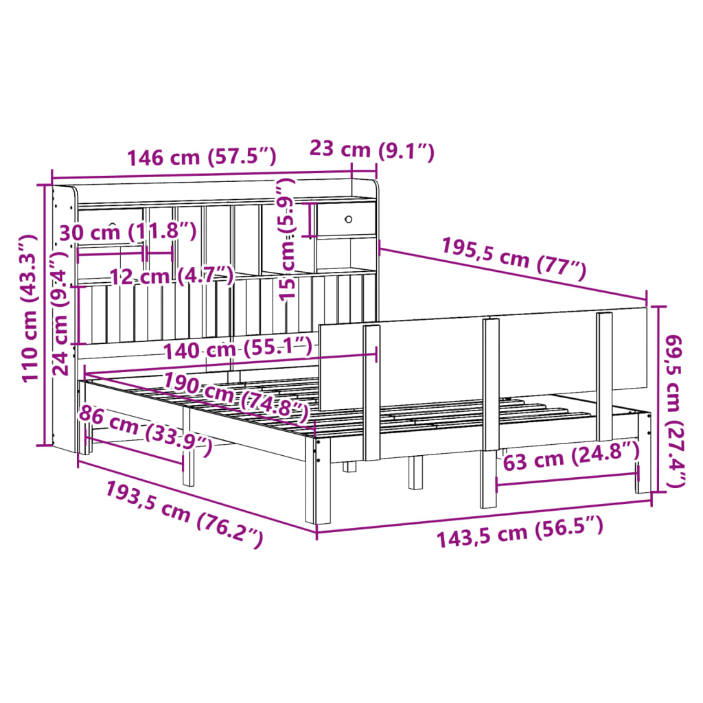 Letto Libreria senza Materasso 140x190 cm in Legno di Pino