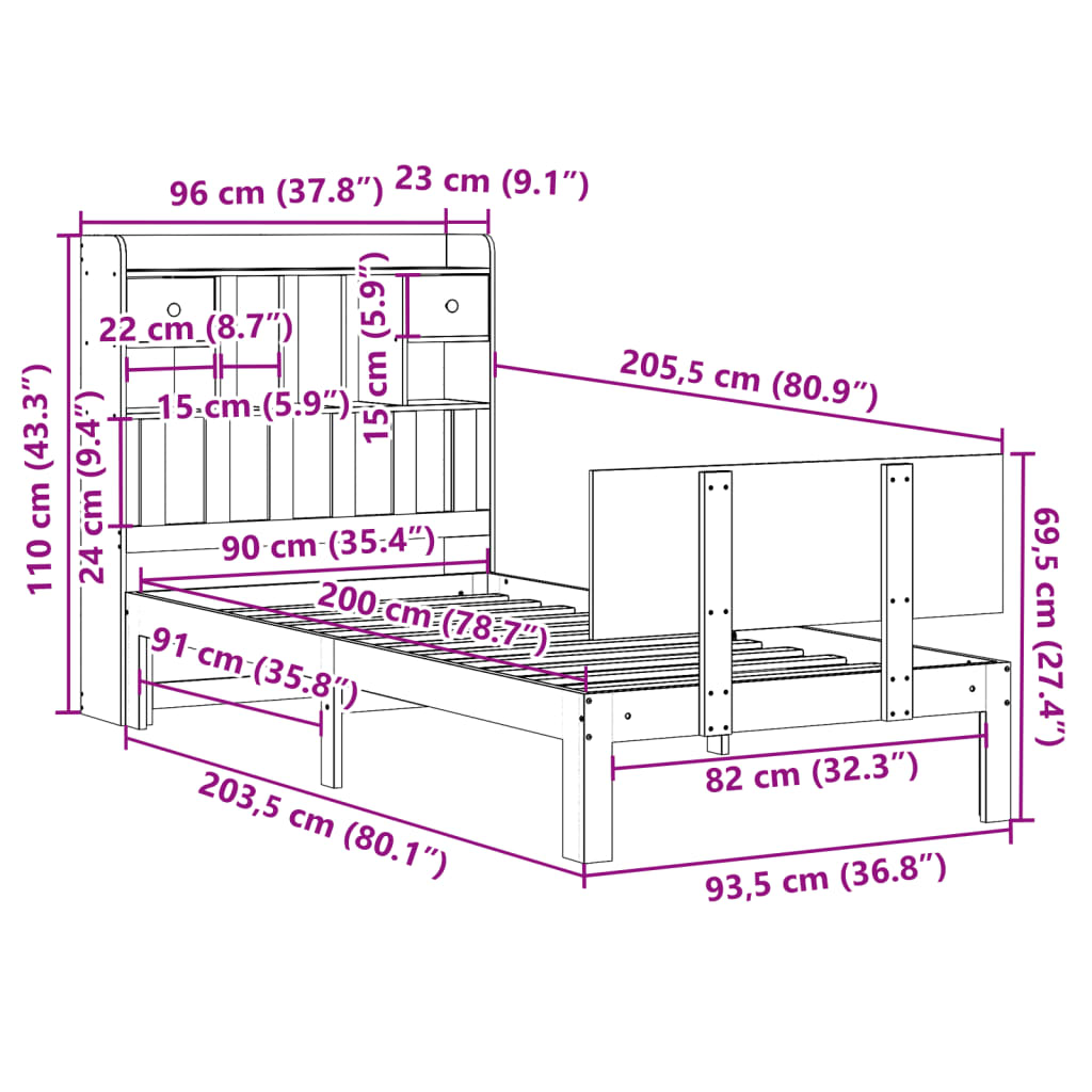 Letto Libreria senza Materasso 90x200 cm Legno Massello Pino