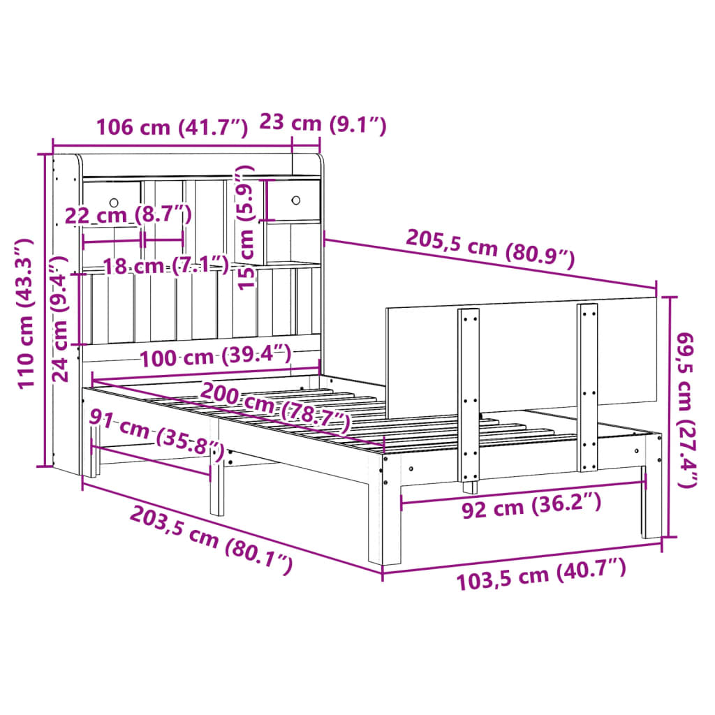 Letto Libreria senza Materasso 100x200 cm in Legno di Pino