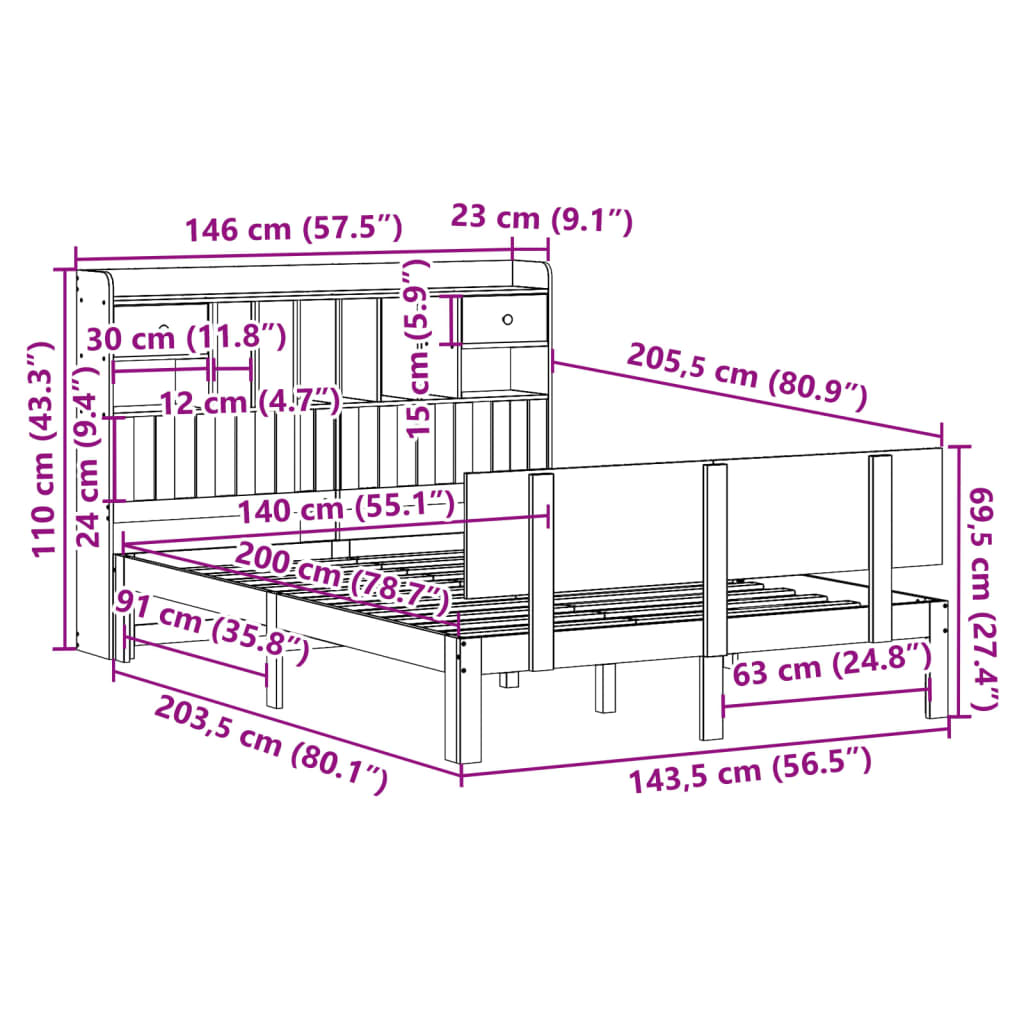 Letto Libreria senza Materasso 140x200 cm in Legno di Pino