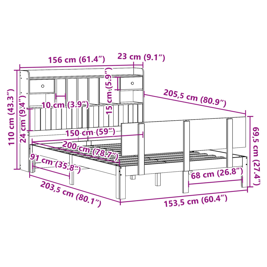 Letto Libreria senza Materasso 150x200 cm in Legno di Pino