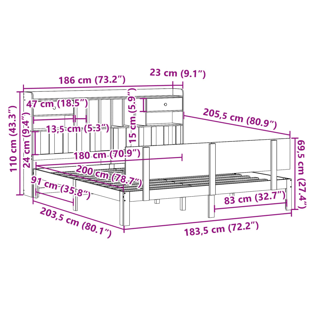 Letto Libreria senza Materasso 180x200 cm in Legno di Pino