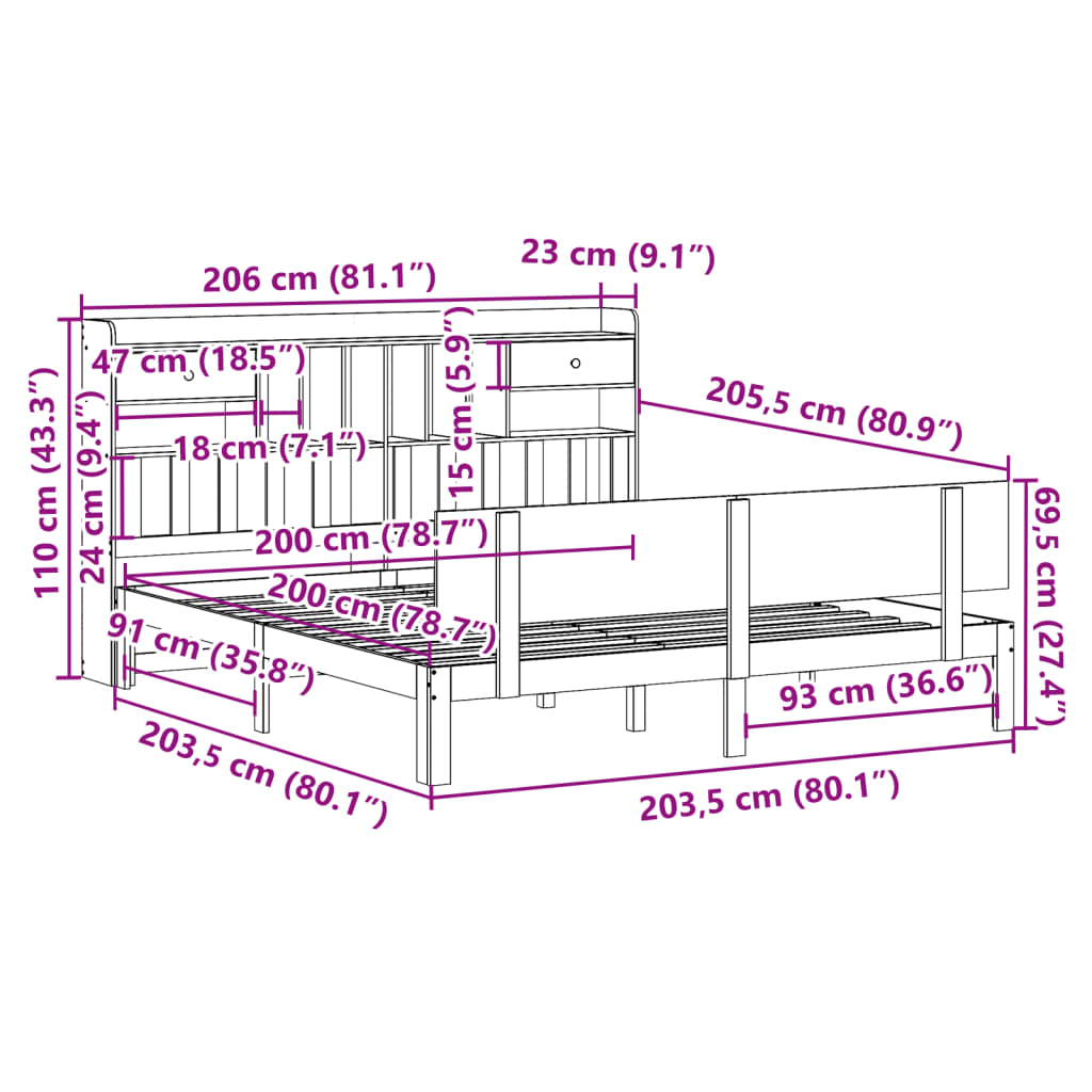 Letto Libreria senza Materasso 200x200 cm in Legno di Pino