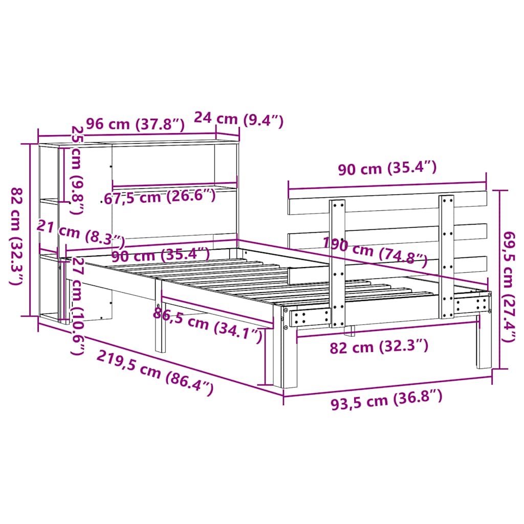 Letto Libreria senza Materasso 90x190 cm Legno Massello Pino - homemem39