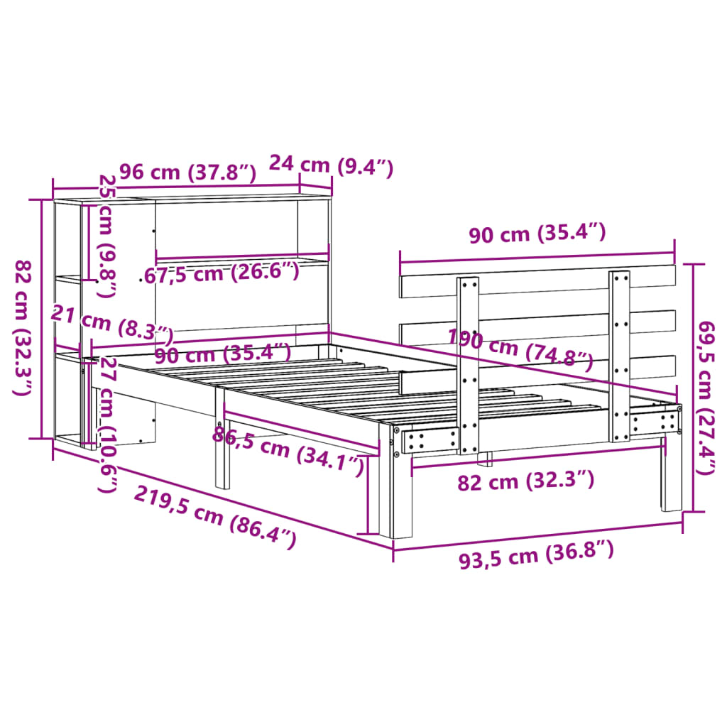 Letto Libreria senza Materasso Marrone Cera 90x190 cm in Pino