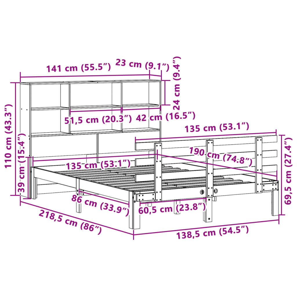 Letto Libreria senza Materasso Bianco 135x190 cm Legno di Pino