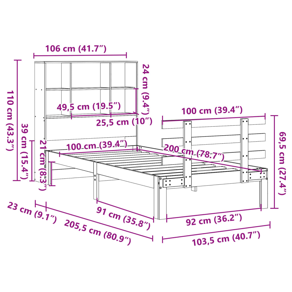 Letto Libreria senza Materasso 100x200 cm in Legno di Pino