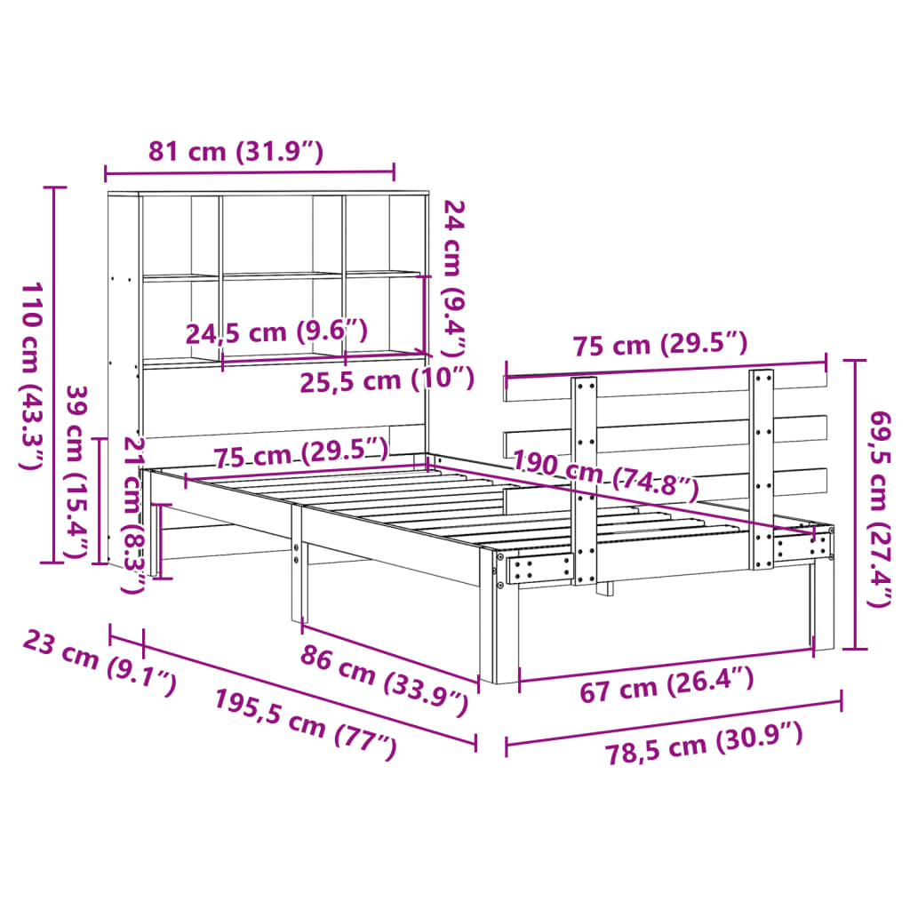 Letto Libreria senza Materasso Marrone Cera 75x190 cm in Pino