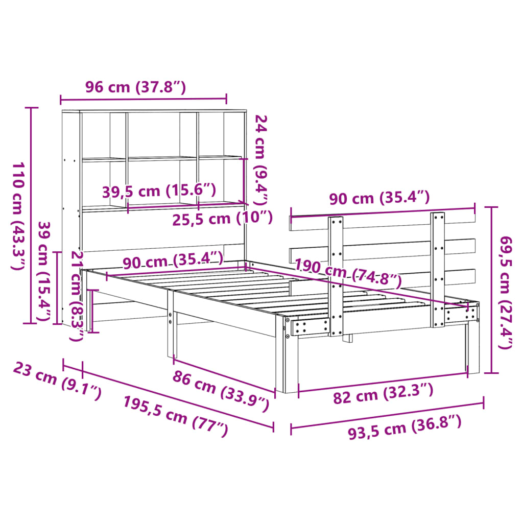 Letto Libreria senza Materasso Marrone Cera 90x190 cm in Pino