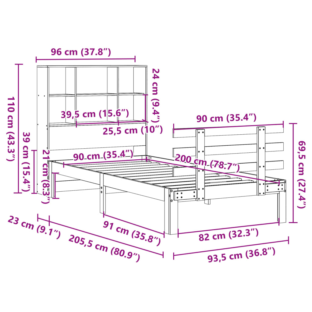 Letto Libreria senza Materasso Marrone Cera 90x200 cm in Pino