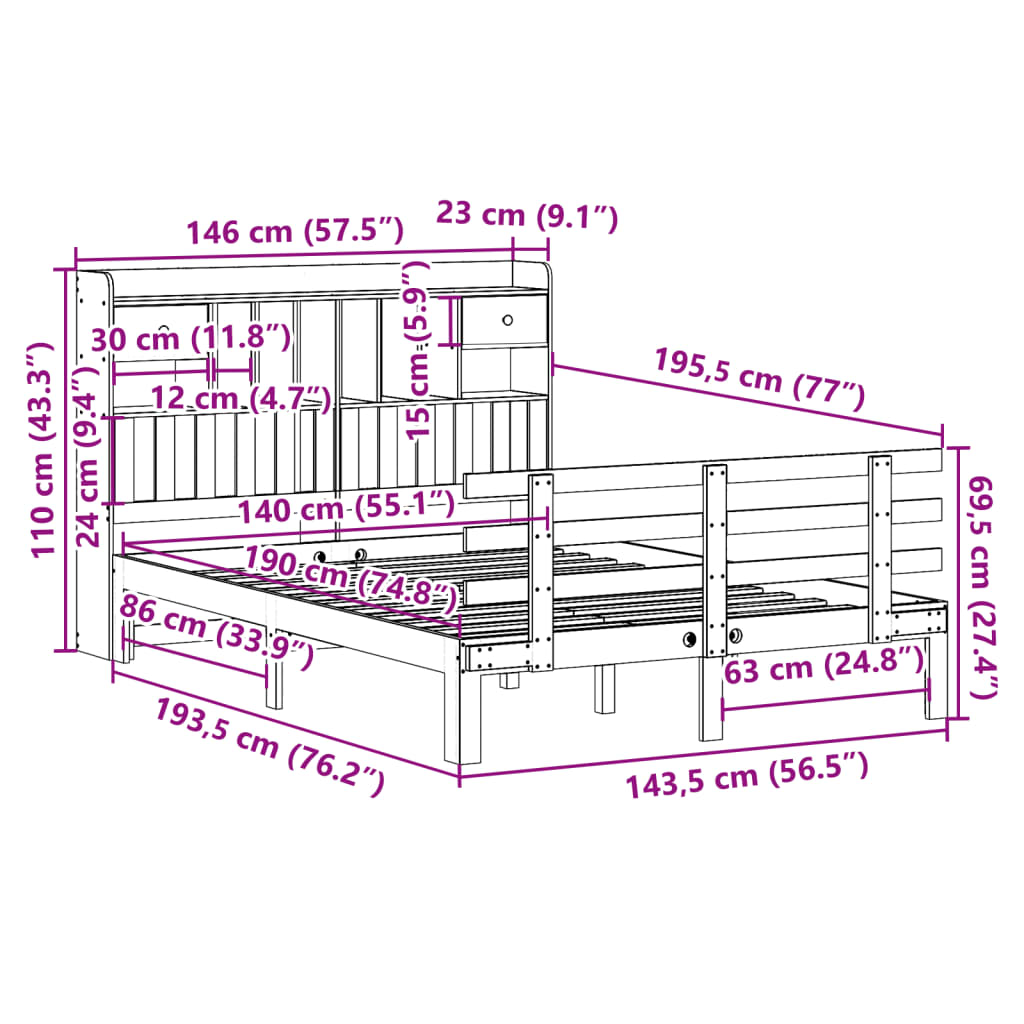 Letto Libreria senza Materasso 140x190 cm in Legno di Pino