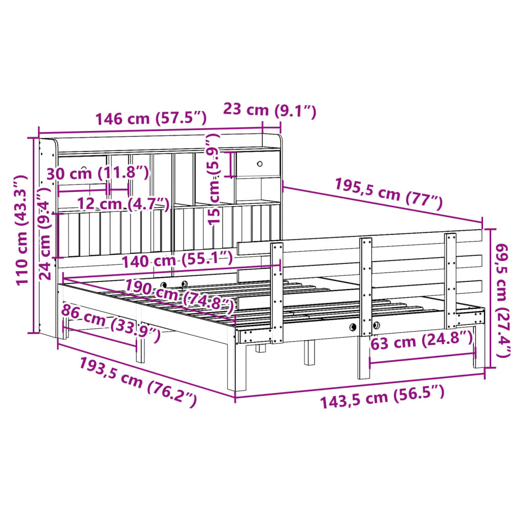 Letto Libreria senza Materasso Bianco 140x190 cm Legno di Pino