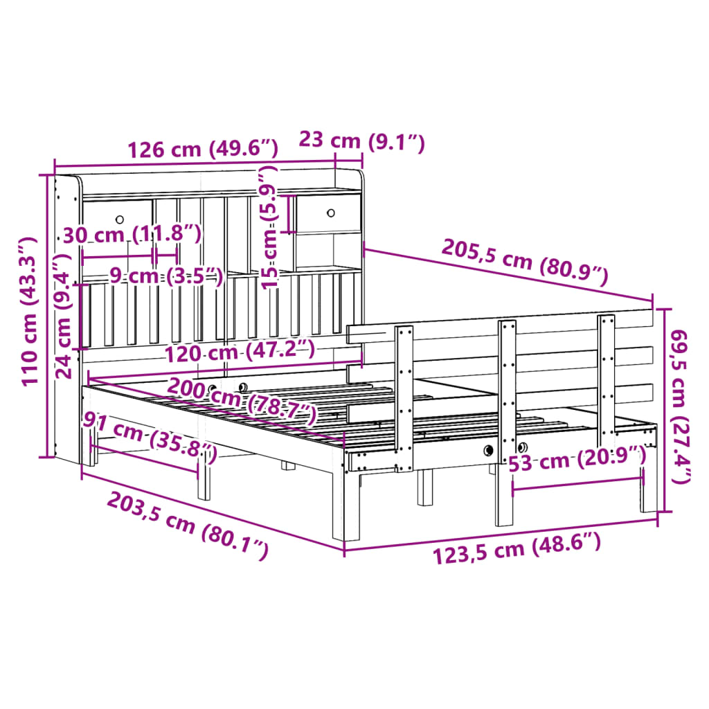 Letto Libreria senza Materasso 120x200cm Legno Massello di Pino