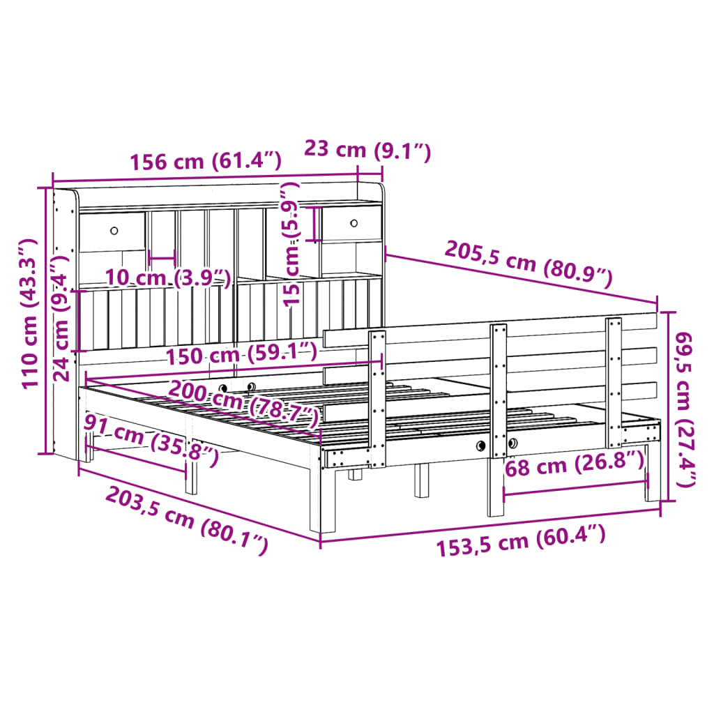 Letto Libreria senza Materasso 150x200 cm in Legno di Pino