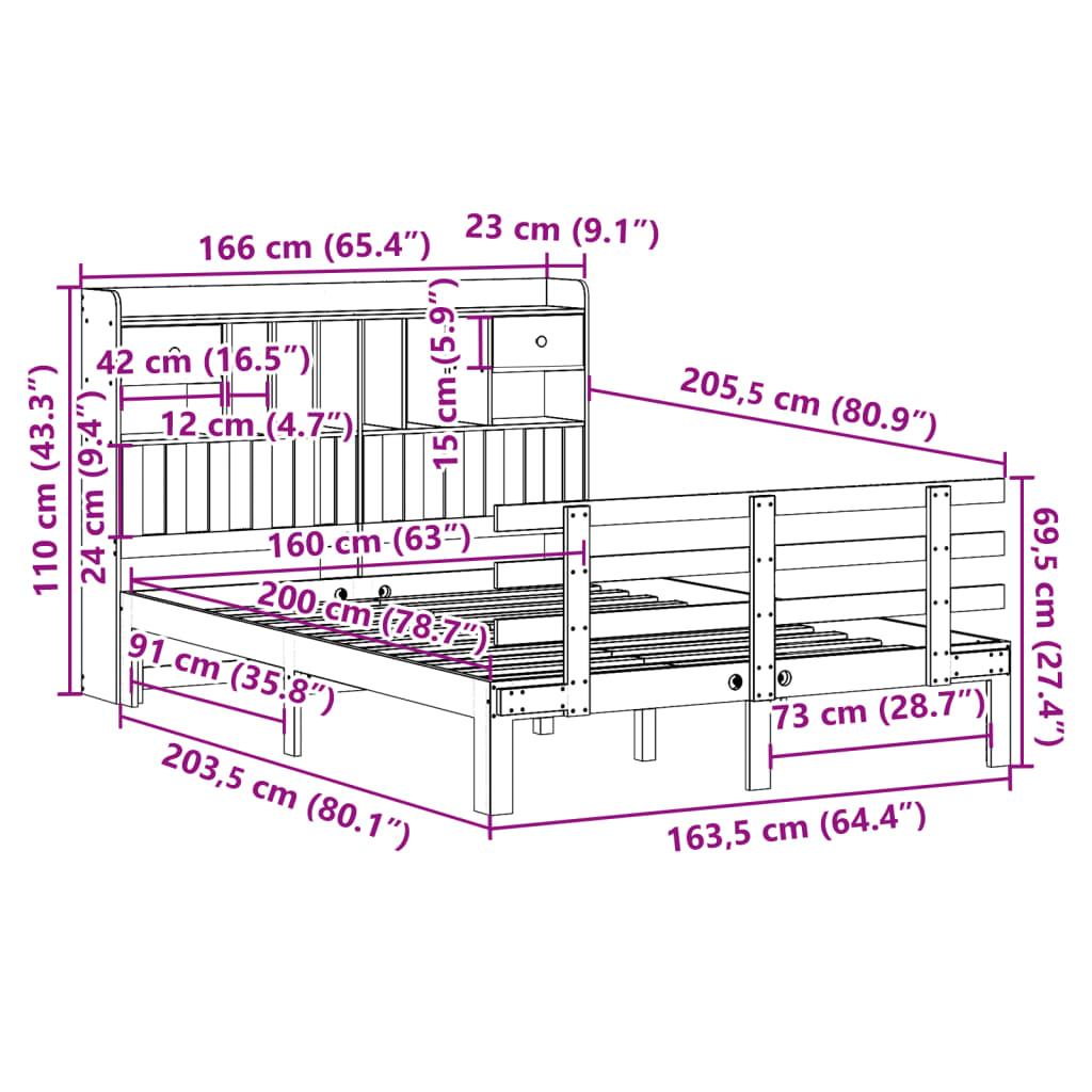 Letto Libreria senza Materasso 160x200 cm in Legno di Pino