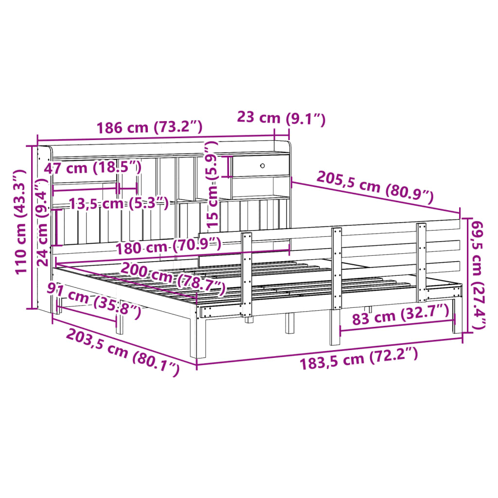 Letto Libreria senza Materasso 180x200 cm in Legno di Pino