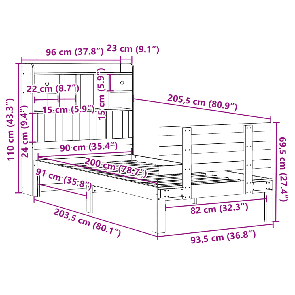 Letto Libreria senza Materasso Marrone Cera 90x200 cm in Pino