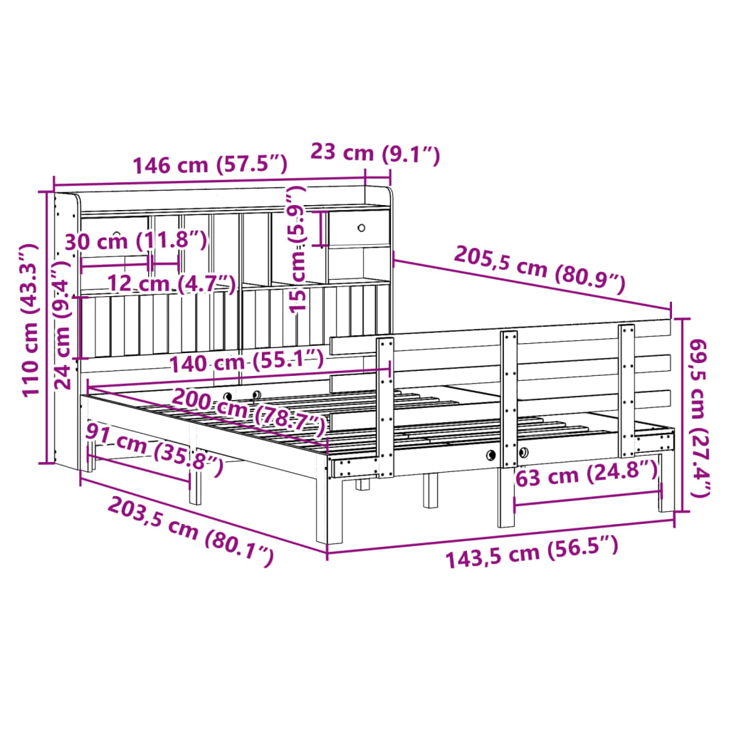 Letto Libreria senza Materasso Marrone Cera 140x200 cm in Pino