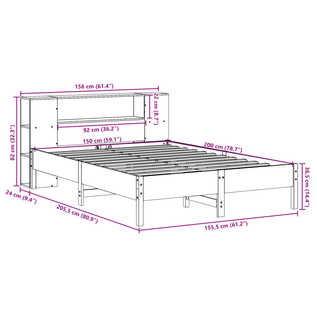 Letto Libreria senza Materasso Marrone Cera 150x200 cm in Pino | homemem39