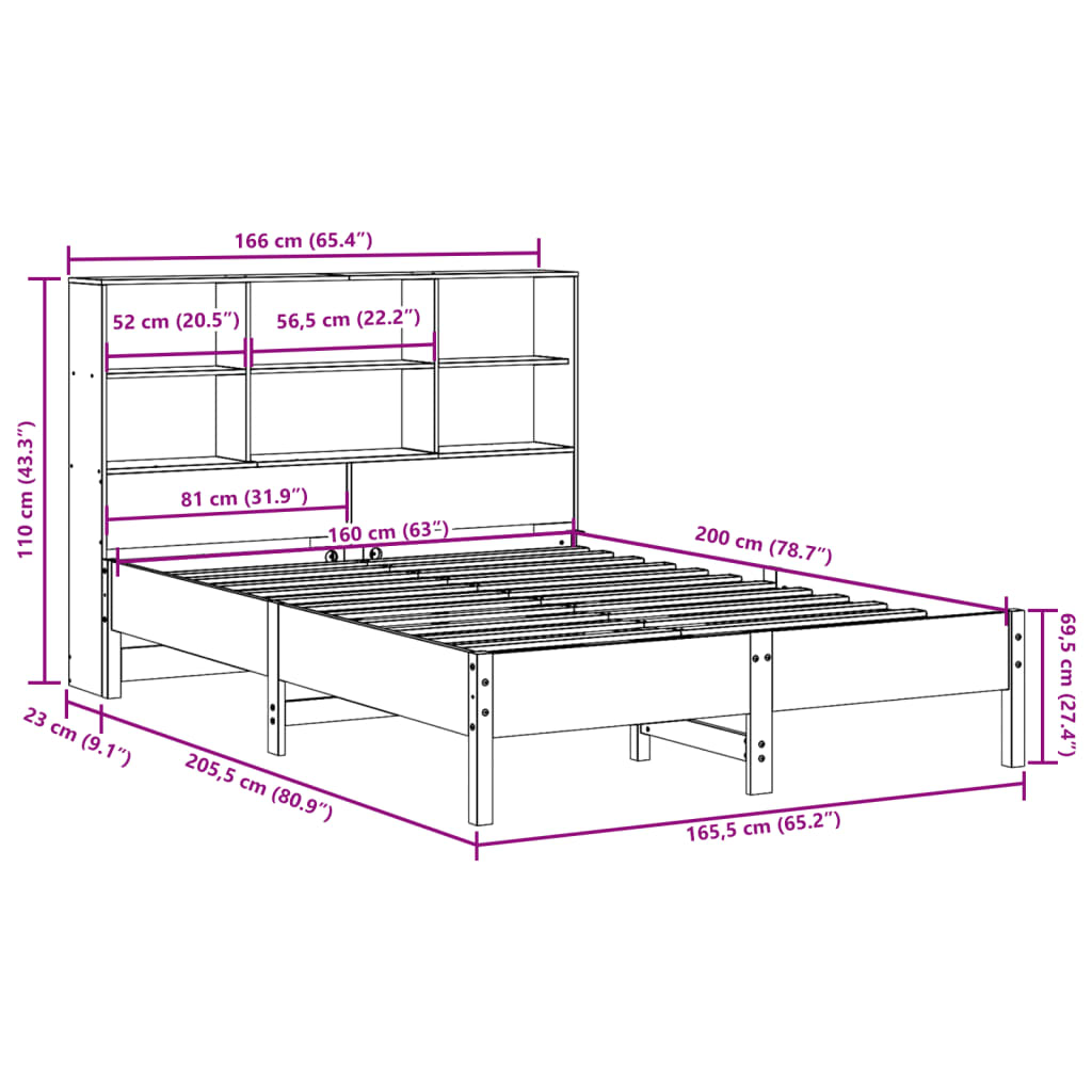 Letto Libreria senza Materasso Marrone Cera 160x200 cm in Pino | homemem39