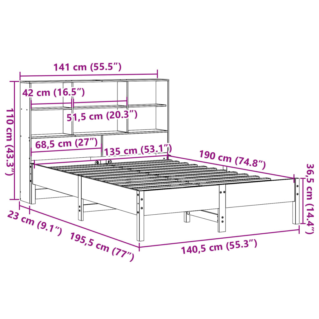 Letto Libreria senza Materasso Marrone Cera 135x190 cm in Pino | homemem39