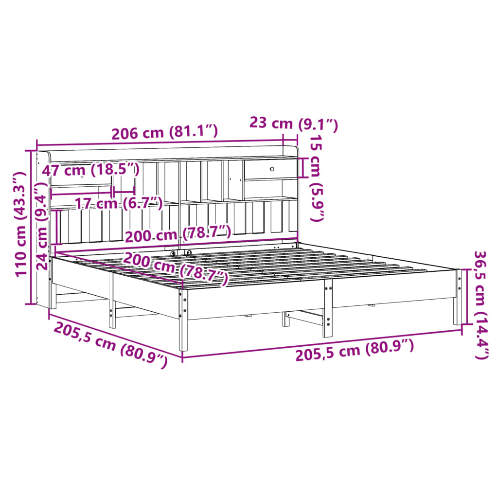 Letto Libreria senza Materasso Marrone Cera 200x200 cm in Pino - homemem39