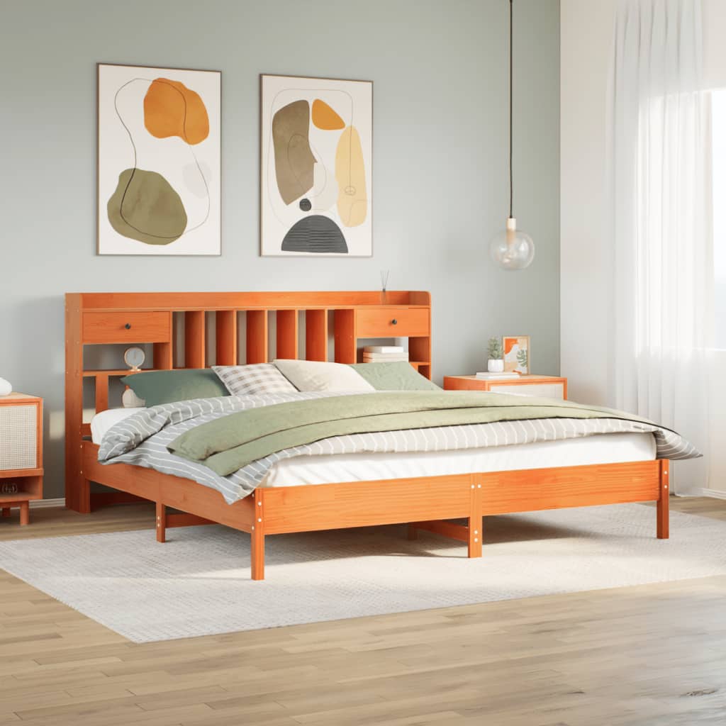 Letto Libreria senza Materasso Marrone Cera 200x200 cm in Pino - homemem39